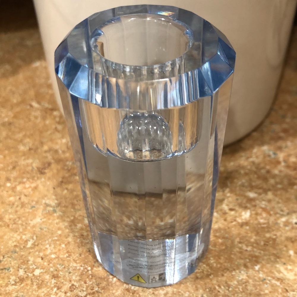 Anthropologie ONE Blue Cut Glass Taper Candle Holder 4”H Ribbed Sparkling NEW